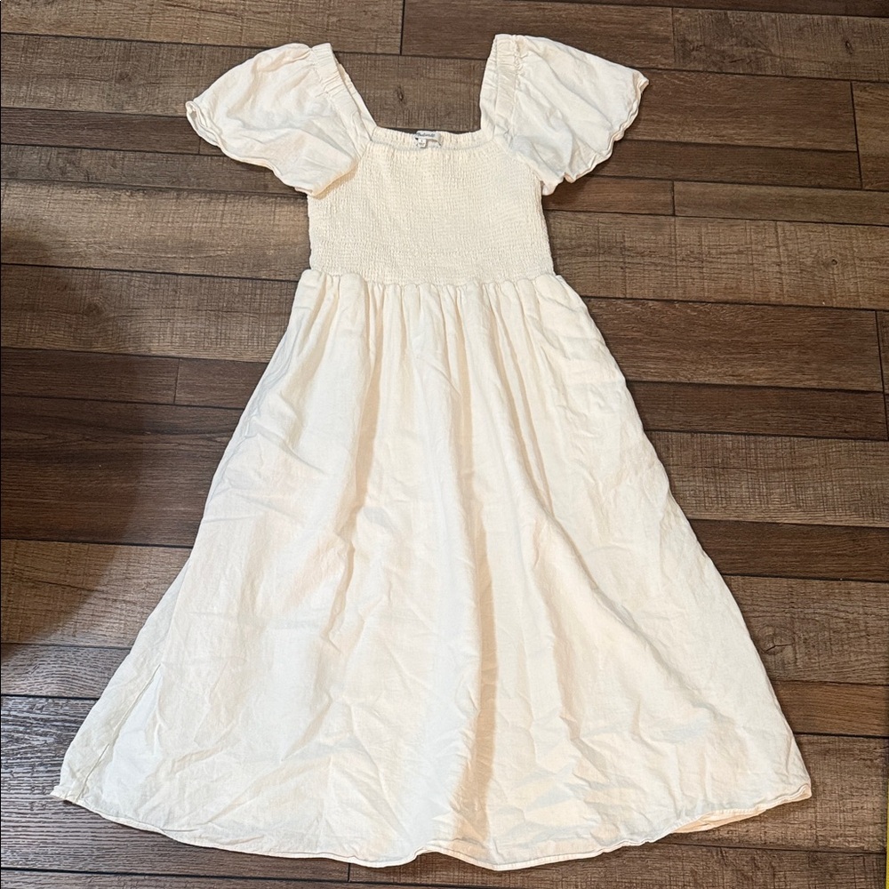 Madewell Smocked Linen Blend Lucie Off White Size Small Midi Dress